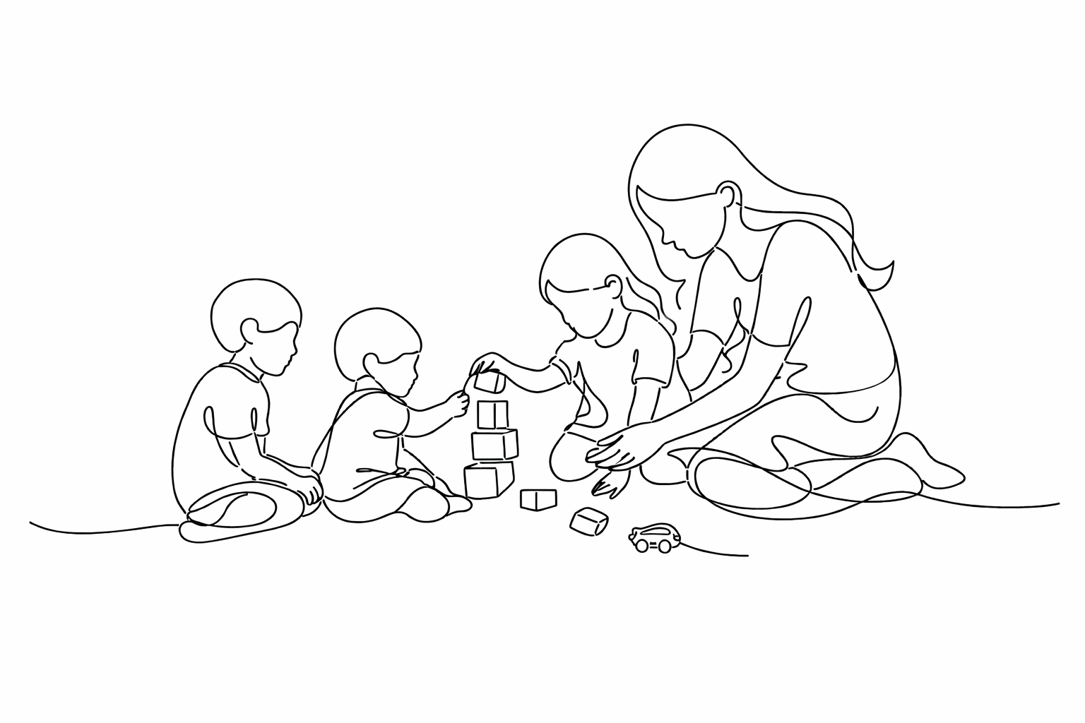 Honest motherhood illustrated as a minimalist line drawing of a mother sitting with her three children, playing with blocks
