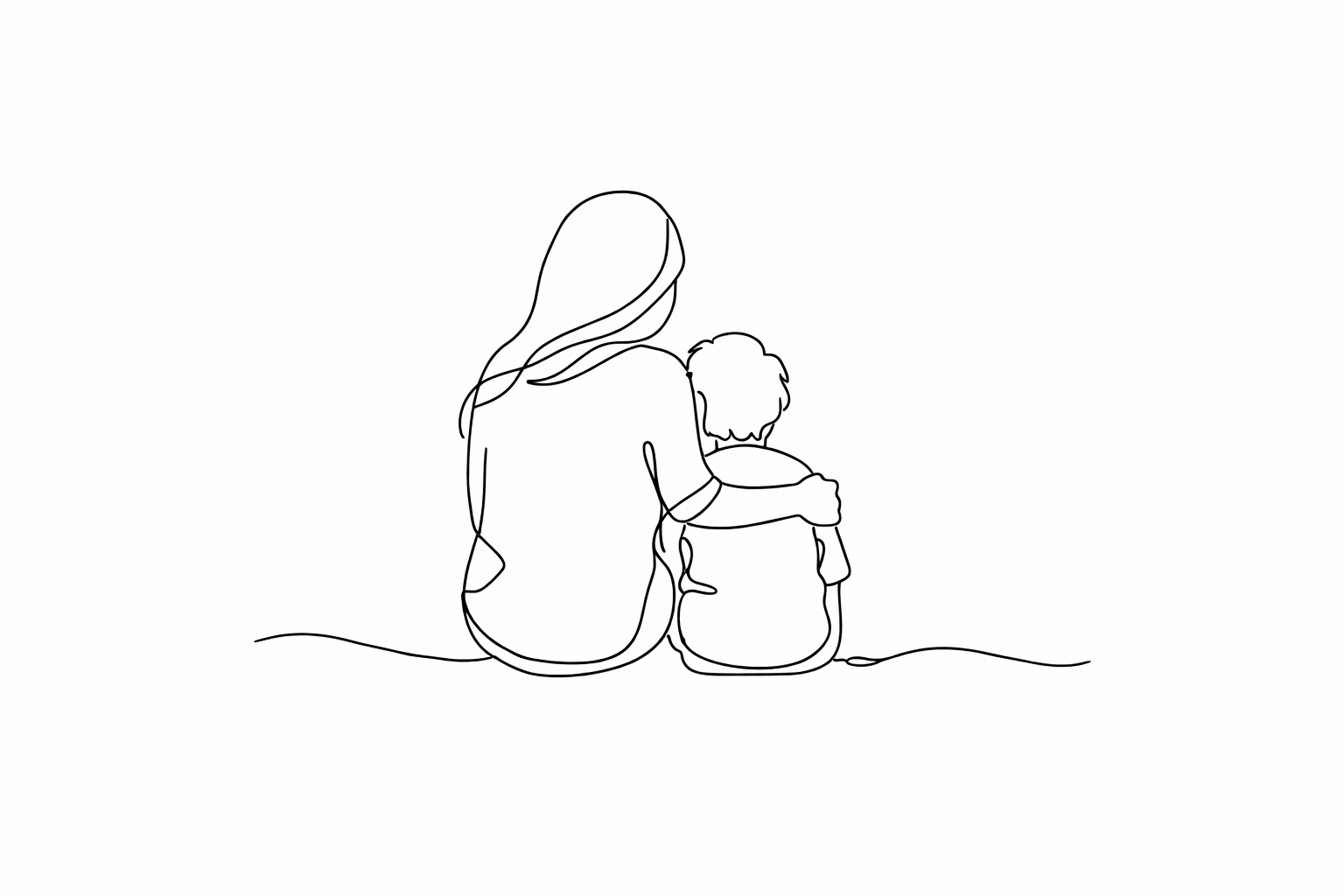 Line illustration of an adult and a young child sitting closely together, seen from behind